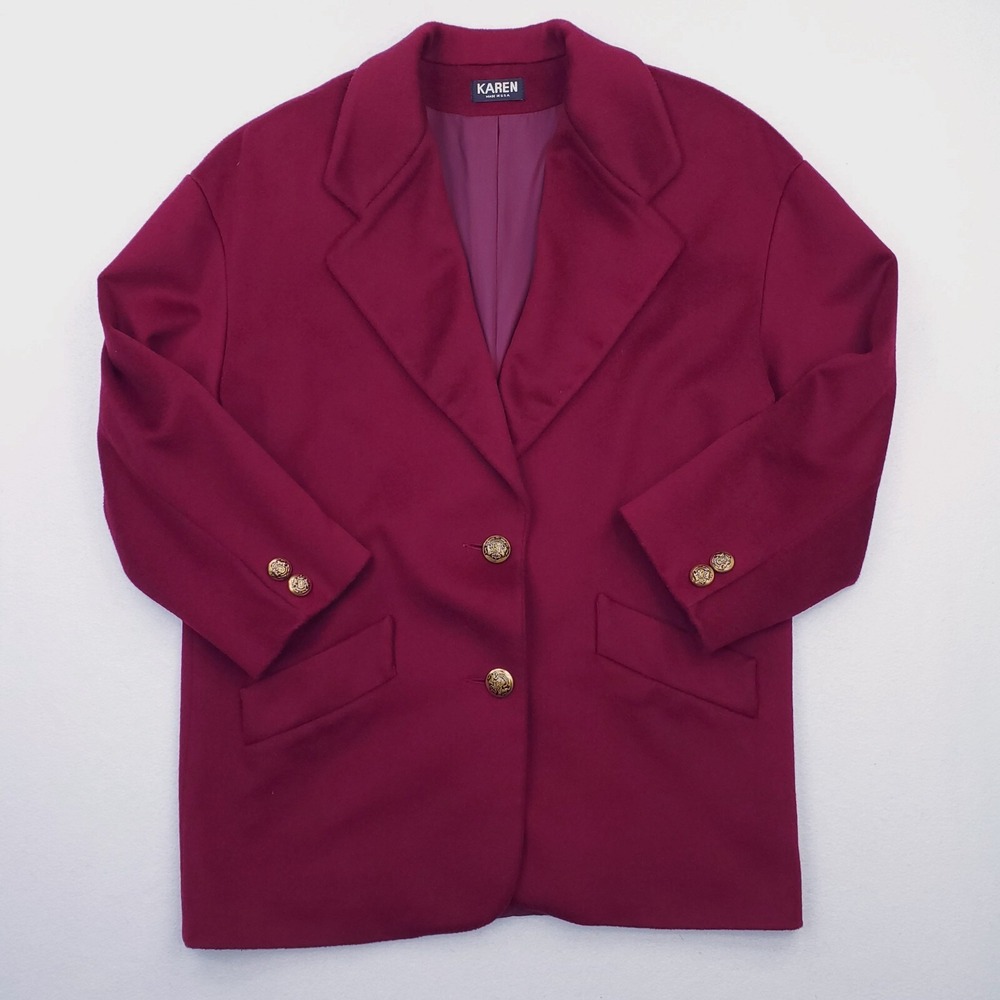 Karen Peacoat Blazer Women Extra Large Burgundy Wool Heavyweight Single Breasted